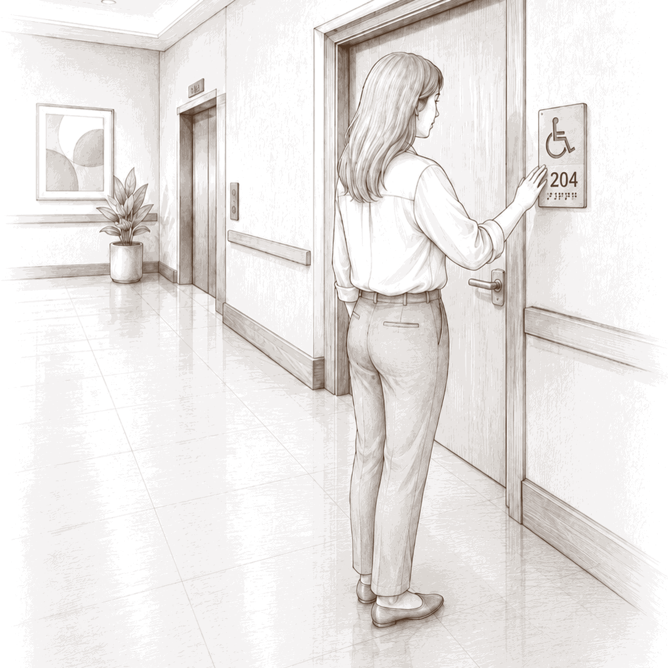 ADA signage sketch: a person reading a tactile room sign with braille and the accessibility symbol beside a corridor door, elevators beyond